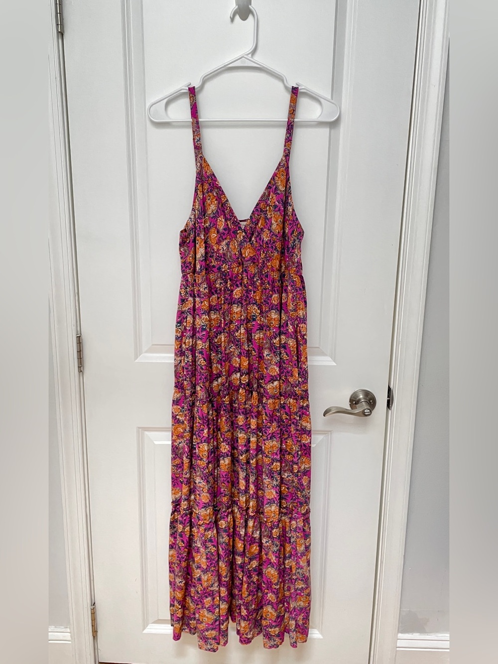 NATURAL LIFE  size L Floral V-Neck Dress in Pink, Orange & Purple